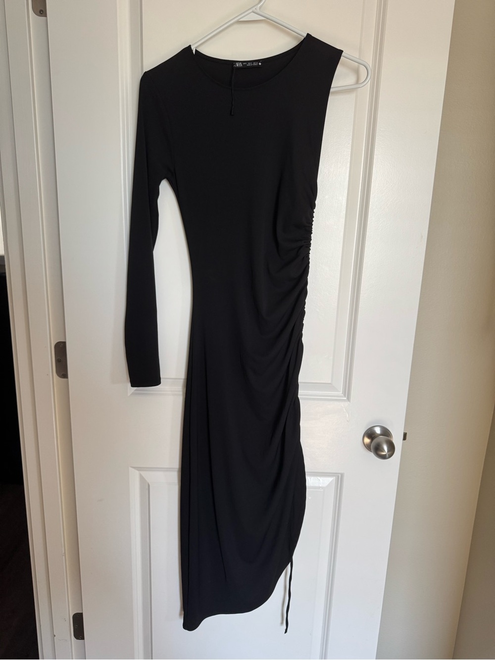 Zara Black Long-Sleeve Side-Ruched Midi Dress